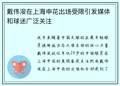 戴伟浚在上海申花出场受限引发媒体和球迷广泛关注